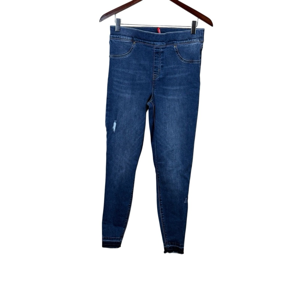 Spanx 20203T Denim Distressed Anke Skinny Jeans Sz L Pull On Dark Blue
